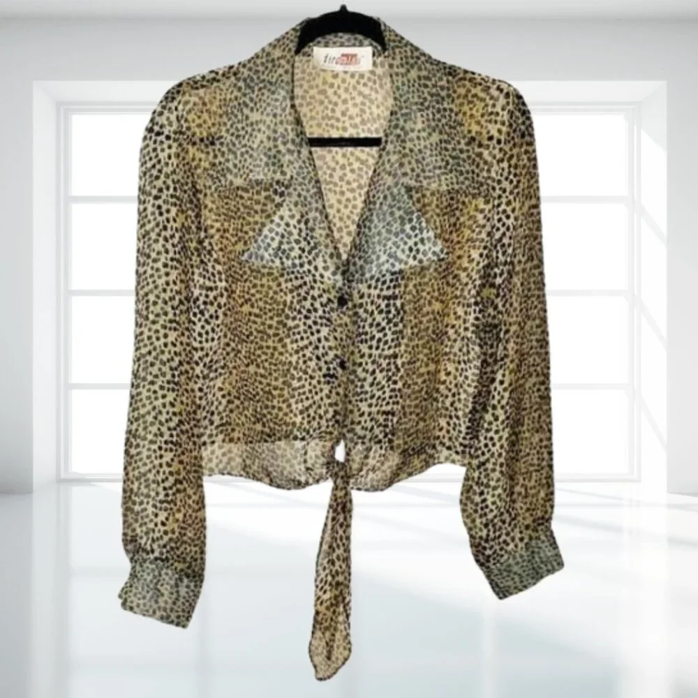 Vintage Tiramisu Sheer Leopard Print Tie-Front Blouse 90s Y2K Mob Wife Glam - Picture 2 of 7